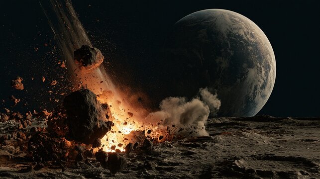 Dramatic Cosmic Impact: A Large Asteroid Collides with a Barren Planetary Surface, Creating an Explosive Crater with Debris and Dust, Under the Gaze of a Distant, Cloud-Covered Planet in Space