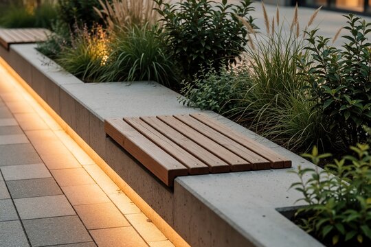 Modern concrete planter with wood bench, green plants, and warm light on paved walkway. Urban public space with contemporary design elements and natural flora.