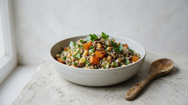 A rustic bowl of healthy quinoa salad with roasted butternut squash, chickpeas, pumpkin seeds, and fresh parsley, set on a stone surface next to a wooden spoon.