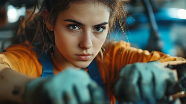 A woman in an orange jumpsuit working on a mechanical device with determination and focus.