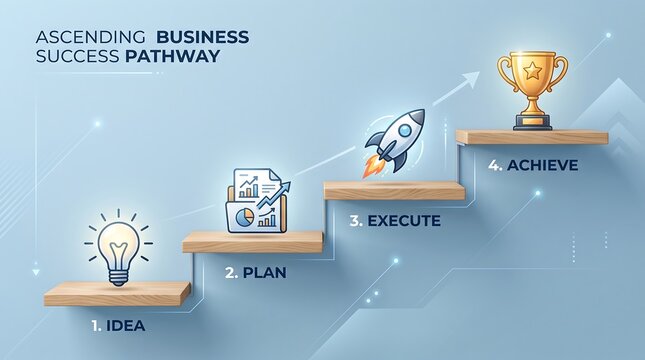 Four step business growth pathway illustrating strategic progression from creative idea to final success achievement