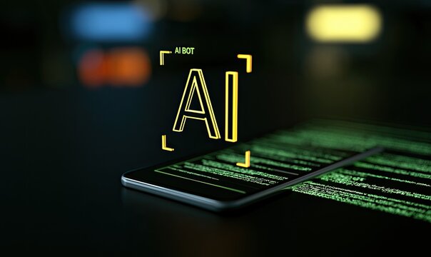 Illuminated AI bot hologram materializes from a smartphone displaying code