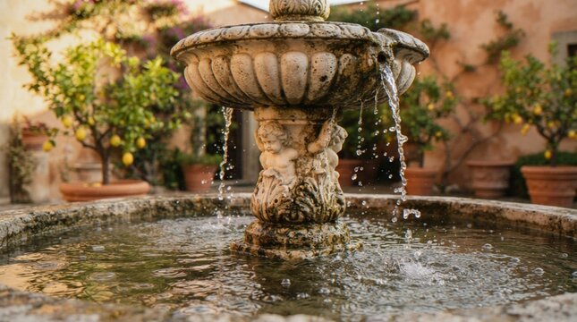 A close-up view of an antique stone fountain with carved putti figures in a serene Mediterranean lemon garden.