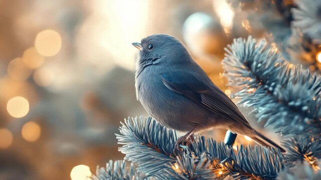 A small blue bird perched on a pine tree branch decorated with festive lights.