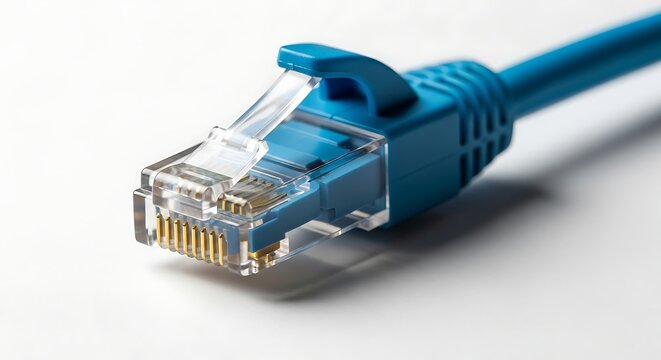 Close-up of blue ethernet cable connector.