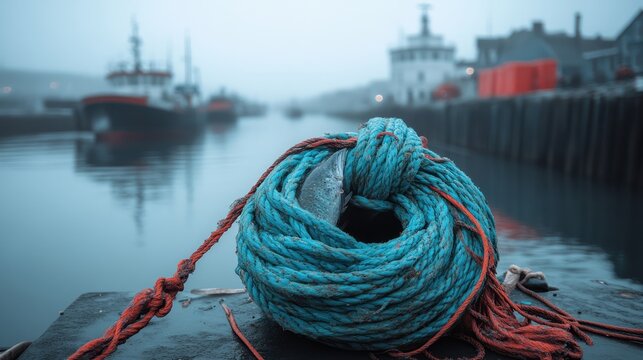 Foggy Harbor Rope: Coastal Serenity and Nautical Charm at Dockside Scene