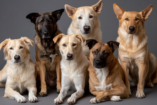 Different dogs sit together for a group picture