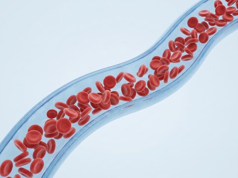 Red blood cells flowing through a human vein artery with circulatory hematology circulation microscopic biomedical physiology scientific clinical hemoglobin arterial biological education