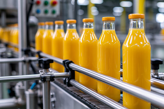 Bottles of juice on a production line at a factory