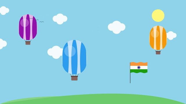 Colorful Hot Air Balloons Flying Over Green Landscape with Indian Flag