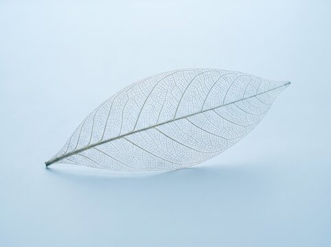 Delicate skeleton of a fallen leaf on a soft light blue background with skeleton delicate structure minimalist background detailed abstract environmental botanical artistic