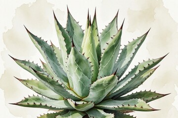 Fototapeta premium Watercolor agave plant with sharp green leaves and spiky edges. Botanical illustration isolated on pale background with soft watercolor wash. Nature drawing for decor.