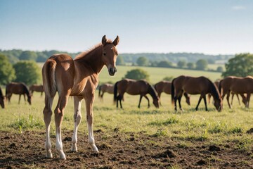 Obraz premium Young brown foal stands in grassy field looking back. Herd of horses graze in background under sunny blue sky. Rural farm landscape, springtime nature scene.