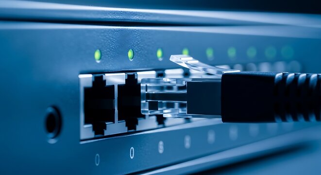 Close-up of network router ports.