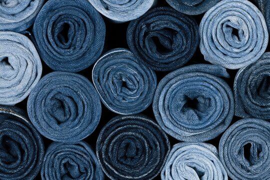 Tightly rolled denim fabric in varying shades of blue, creating a textured abstract pattern