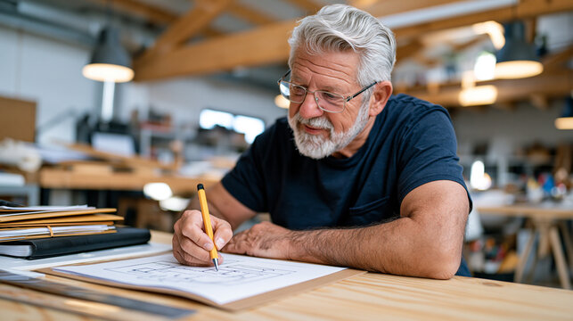 Retired electrical engineer in his eighties sketching a circuit diagram at a minimalist studio drafting table, board meeting minutes bound neatly beside his ruler, precision work, senior professiona