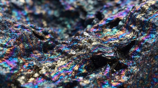 Iridescent metallic mineral surface with colorful texture