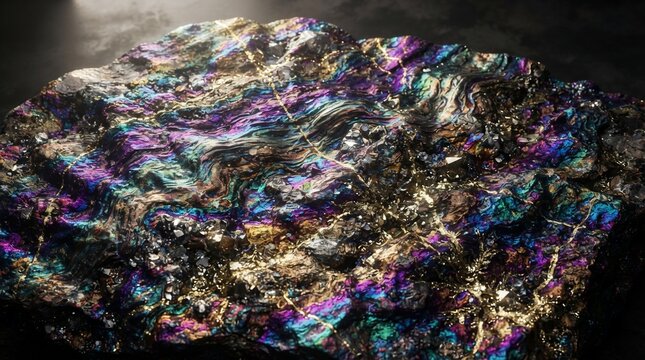 Iridescent mineral rock with metallic sheen and swirling patterns
