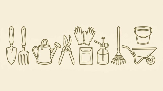 Vintage gardening tools vector set, hand drawn garden equipment icons, rustic horticultural supplies for landscaping and farming
