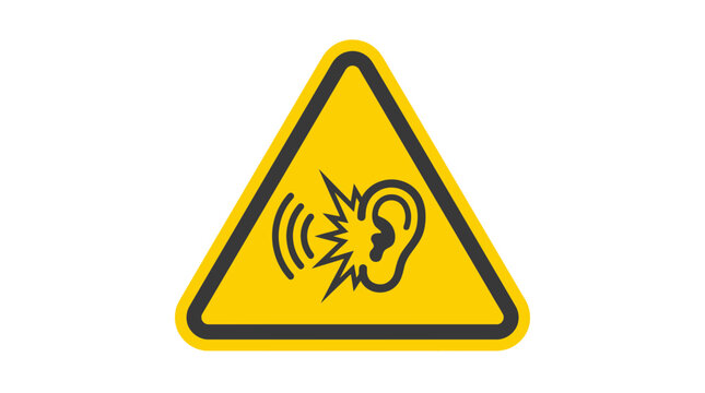 Yellow triangular hazard sign displaying a loud noise symbol depicting an ear with sonic waves