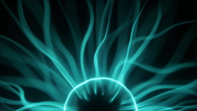 Deep-teal plasma unfurls from compact core into wider luminous tendrils, glowing against deep black with futuristic energy, cinematic contrast, and smooth continuous motion.

