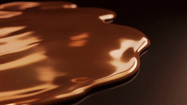 Glossy molten bronze spreads and pools across dark surface, forming smooth reflective ripples under dramatic side lighting with warm metallic sheen, industrial luxury, and cinematic fluid motion.
