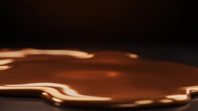 Glossy molten bronze spreads and pools across dark surface, forming smooth reflective ripples under dramatic side lighting with warm metallic sheen, industrial luxury, and cinematic fluid motion.
