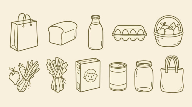 Hand drawn grocery icons set, vintage line art food illustrations, 11 organic market vector elements for kitchen and shopping design