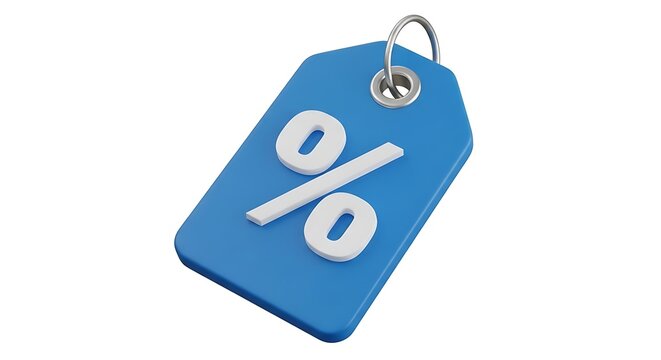 Zero percent discount tag on a blue price label with metal ring attachment