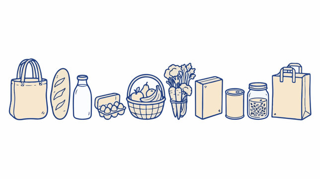 Minimalist grocery shopping icons, hand drawn food doodle set, blue line art of fresh produce and market bags on white background