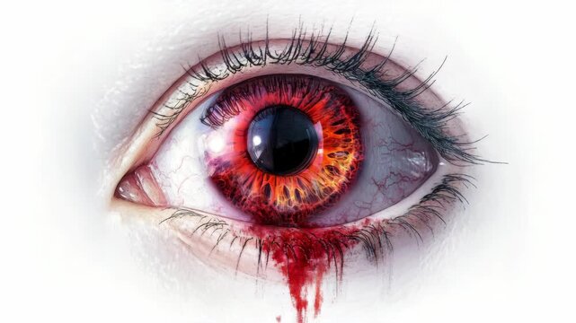 Close-up of a human eye with red, blood-like fluid dripping. Eyelashes frame the eye with vivid detail. Iris glows fiery orange against a stark white background