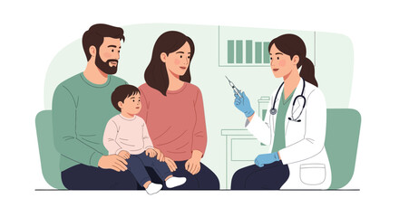Fototapeta premium Doctor with syringe vaccinating child with parents present, illustration
