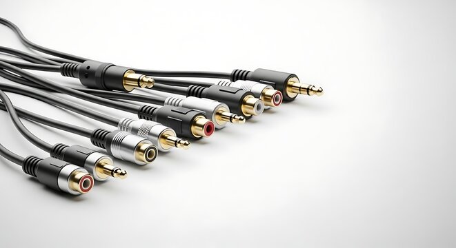Assorted audio cables with gold connectors.