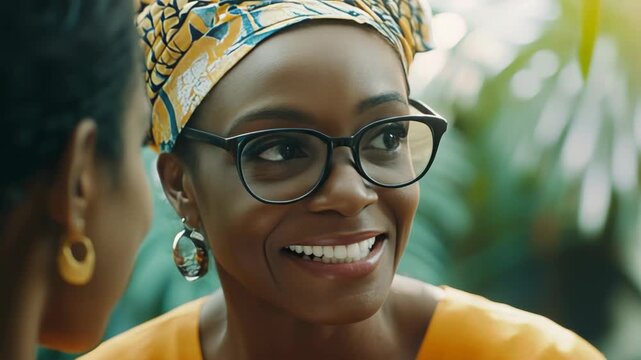 Woman wearing glasses and headscarf, looking contented in outdoor setting.