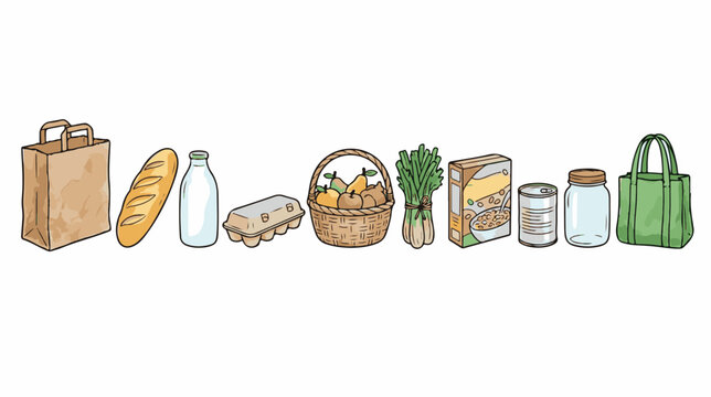 Hand-drawn grocery shopping icons set. Watercolor style food essentials and reusable bags. Organic market produce vector illustrations.