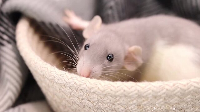 Tiny rat relaxes inside a soft fabric bed while resting during the afternoon at home and moving its whiskers while looking at the surroundings