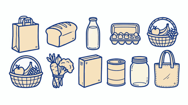 Minimalist grocery icons set, hand drawn food shopping vector elements, 11 organic market illustrations for retail branding