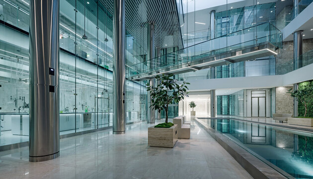 Spacious contemporary atrium featuring floor-to-ceiling glass walls, indoor greenery, modern architecture and soft natural lighting.