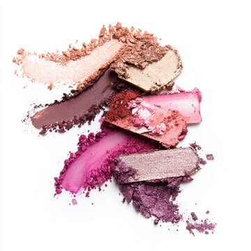 Eyeshadow pigments in various pink, purple, and brown tones showing smudged swatches and cosmetic product texture