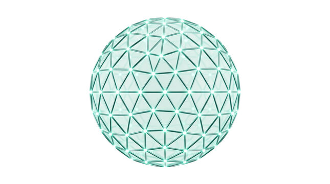 Geodesic sphere with teal wireframe mesh, 3D geometric globe icon, abstract digital network ball on white background
