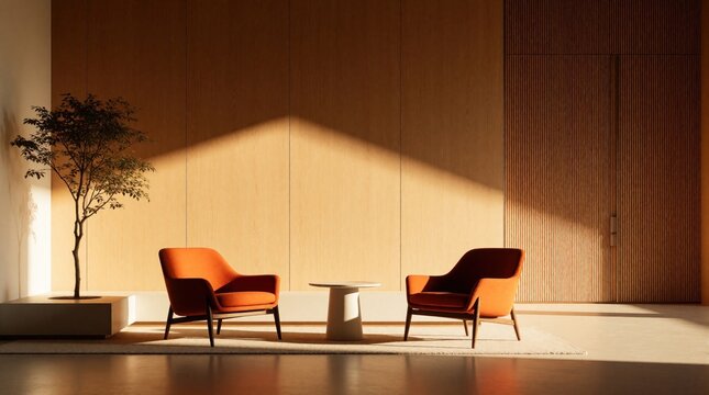 Modern lobby with warm sunlight on wooden panels. Two orange armchairs face near small table, potted plant. Clean interior design creates serene, inviting atmosphere for relaxation waiting.