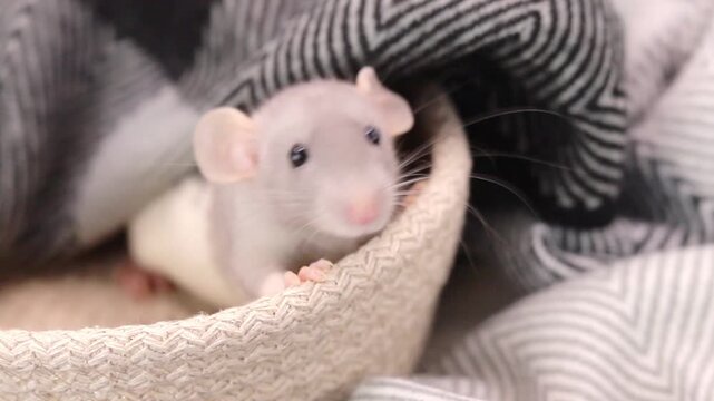 Tiny white rat relaxes in a woven basket beneath a cozy patterned blanket while resting at home during the afternoon and observing the surrounding area with bright eyes