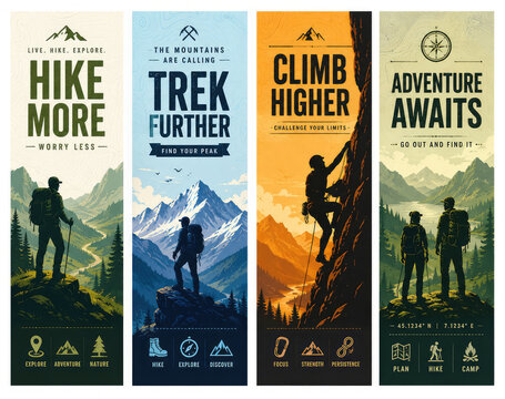 Vintage Hiking and Mountain Adventure Posters Set with Trekking and Climbing Typography