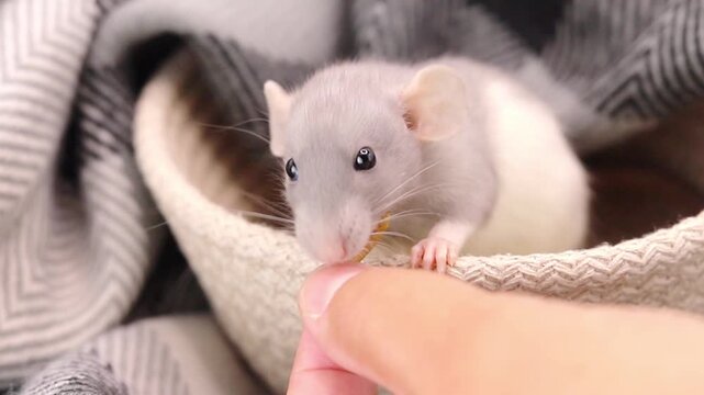 Tiny pet rat nibbles on a mealworm while sitting comfortably inside a soft white basket covered by a plaid blanket during the day