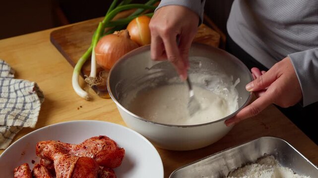 Mixing wet batter for crispy fried chicken in a stainless steel bowl