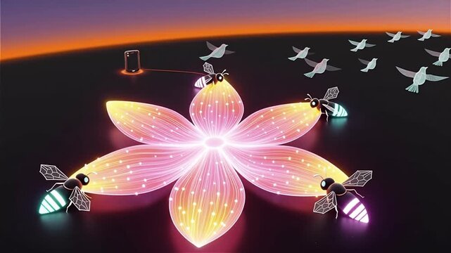 Pink flower blooming amidst floating geometric shapes and particles in a dark space.