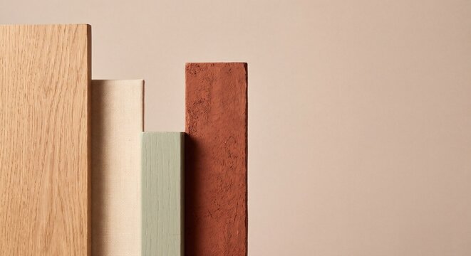 Vertical wood and color samples arranged in a minimalist composition with negative space for text