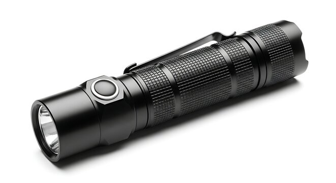 Black tactical flashlight on white background.