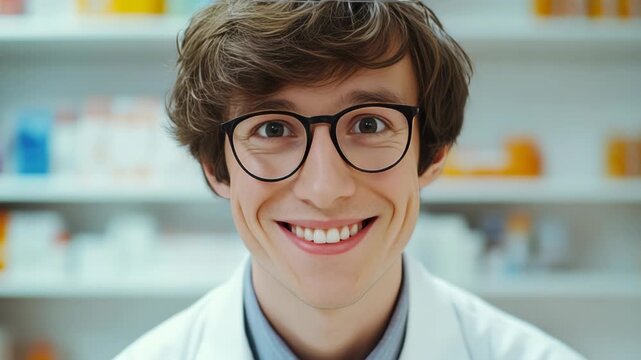 A cheerful young male wearing glasses and a white lab coat, working as a pharmacist or scientist in a pharmacy.
