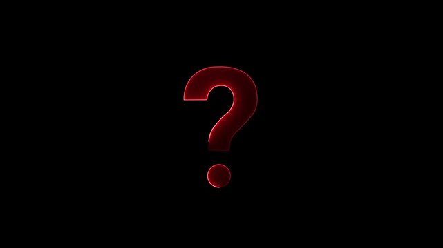 Red glowing question mark icon pulsing on black background with light animation.